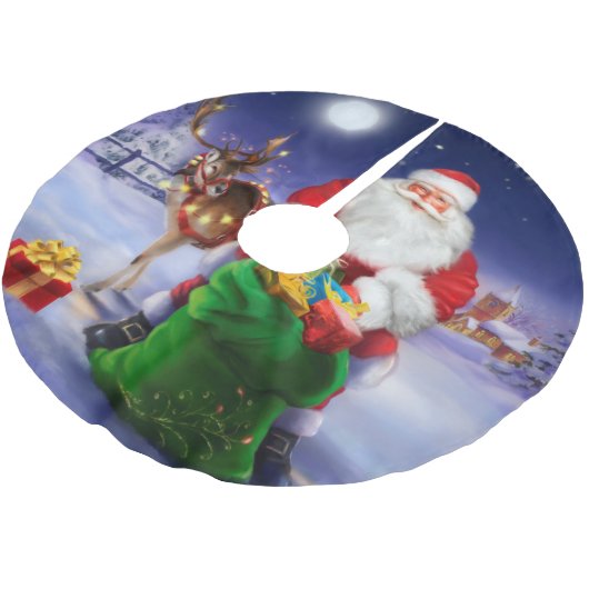 Weihnachtsmann mit Ren Polyester Weihnachtsbaumdecke (Schrägansicht)