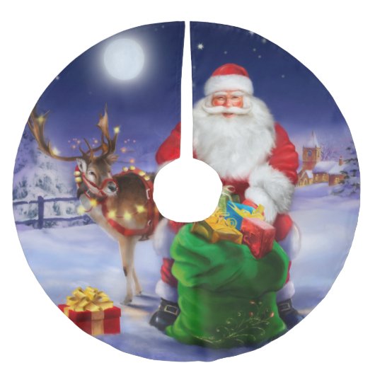 Weihnachtsmann mit Ren Polyester Weihnachtsbaumdecke (Vorderseite)