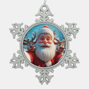Weihnachtsmann mit Rentieren feiert Weihnachten Schneeflocken Zinn-Ornament
