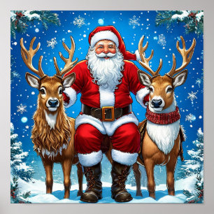 Weihnachtsmann mit Rentieren Magisches Weihnachten Poster