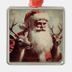 Weihnachtsmann mit Rentieren Vintage-Illustration Ornament Aus Metall