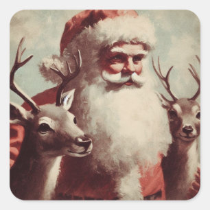 Weihnachtsmann mit Rentieren Vintage-Illustration Quadratischer Aufkleber