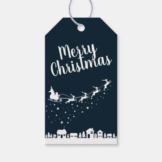 Weihnachtsmann mit Schlitten und Rentieren über de Geschenkanhänger (Vorderseite)