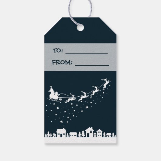 Weihnachtsmann mit Schlitten und Rentieren über de Geschenkanhänger (Rückseite)