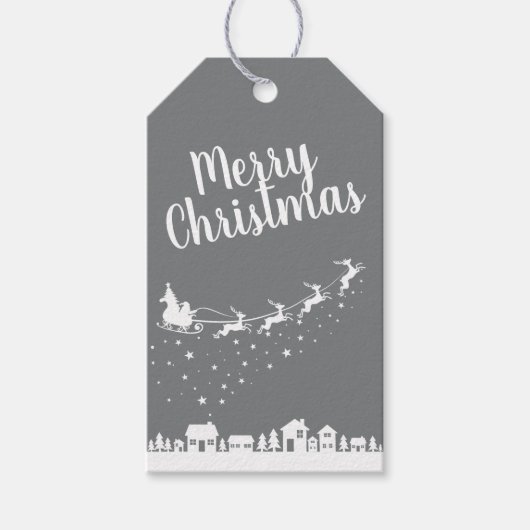 Weihnachtsmann mit Schlitten und Rentieren über de Geschenkanhänger (Vorderseite)