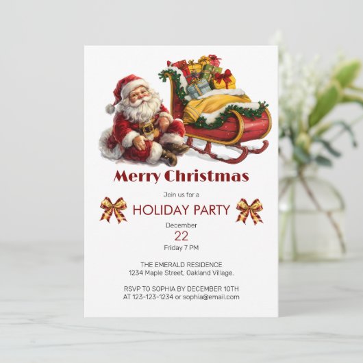 Weihnachtsmann mit Schlitten voller Geschenke Weih Einladung (Stehend Vorderseite)