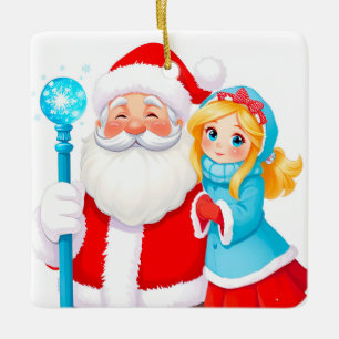 Weihnachtsmann mit Schneemädchen in Winterkleidung Keramikornament
