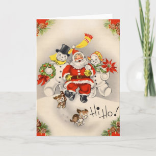 Weihnachtsmann mit Schneemann im Vintage-Stil Feiertagskarte