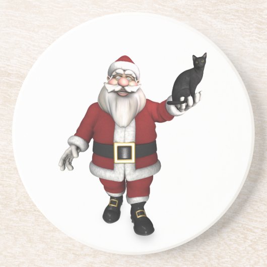 Weihnachtsmann mit schwarzer Katze Sandstein Untersetzer (Vorne)