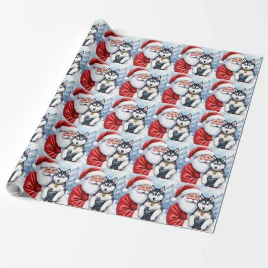 Weihnachtsmann mit Sibirischem Husky - Weihnachtsk Geschenkpapier (Ungerollt)