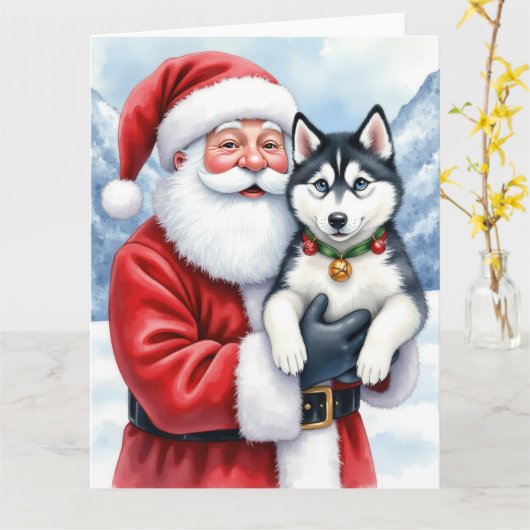 Weihnachtsmann mit sibirischem Husky - Weihnachtsk Karte (Gelbe Blume)