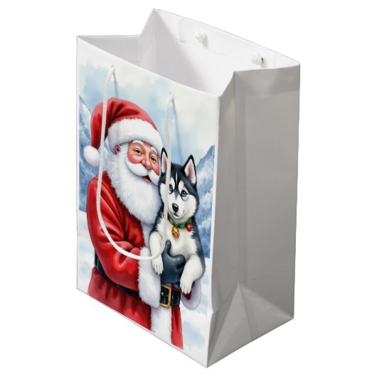 Weihnachtsmann mit Sibirischem Husky - Weihnachtsk Mittlere Geschenktüte (Vorderseite Schrägansicht)