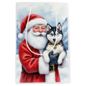 Weihnachtsmann mit Sibirischem Husky - Weihnachtsk Mittlere Geschenktüte (Vorderseite)