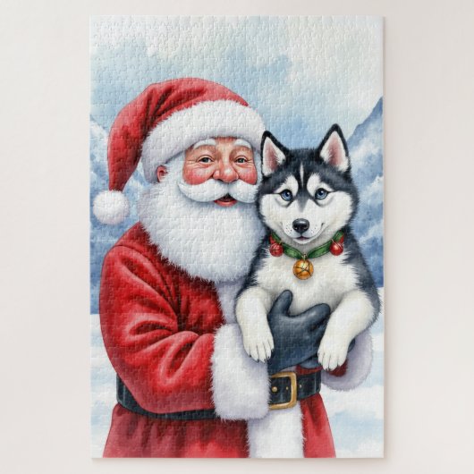 Weihnachtsmann mit Sibirischem Husky - Weihnachtsk Puzzle (Vertikal)