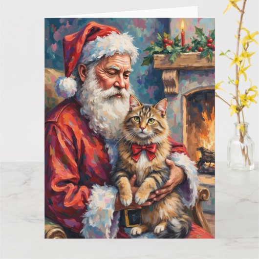 Weihnachtsmann mit Sibirischer Katze - Weihnachtsk Karte (Gelbe Blume)