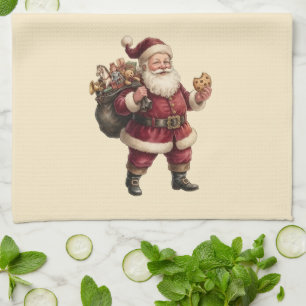Weihnachtsmann mit Spielzeugsack und leckerem Snac Geschirrtuch