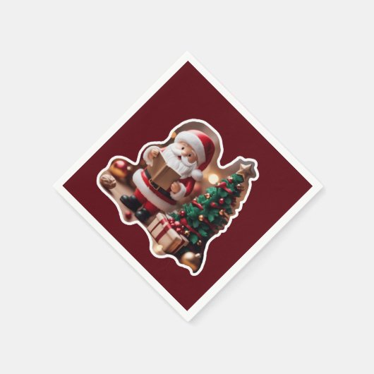 Weihnachtsmann mit Tannenbaum in 3D - Serviette (Ecke)