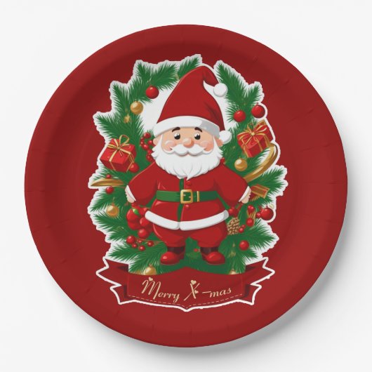 Weihnachtsmann mit Tannenzweigen - Pappteller (Vorderseite)