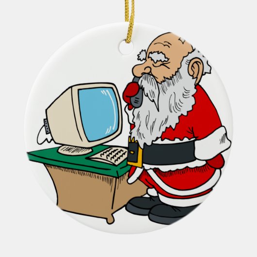 Weihnachtsmann mit Telefon und Computer Keramik Ornament (Vorne)
