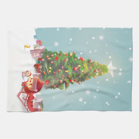 Weihnachtsmann mit Weihnachtsbaum Geschirrtuch (Horizontal)