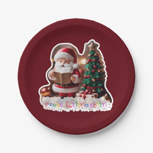 Weihnachtsmann mit Weihnachtsbaum in 3D Pappteller (Vorderseite)