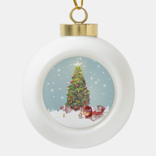Weihnachtsmann mit Weihnachtsbaum Keramik Kugel-Ornament (Vorderseite)