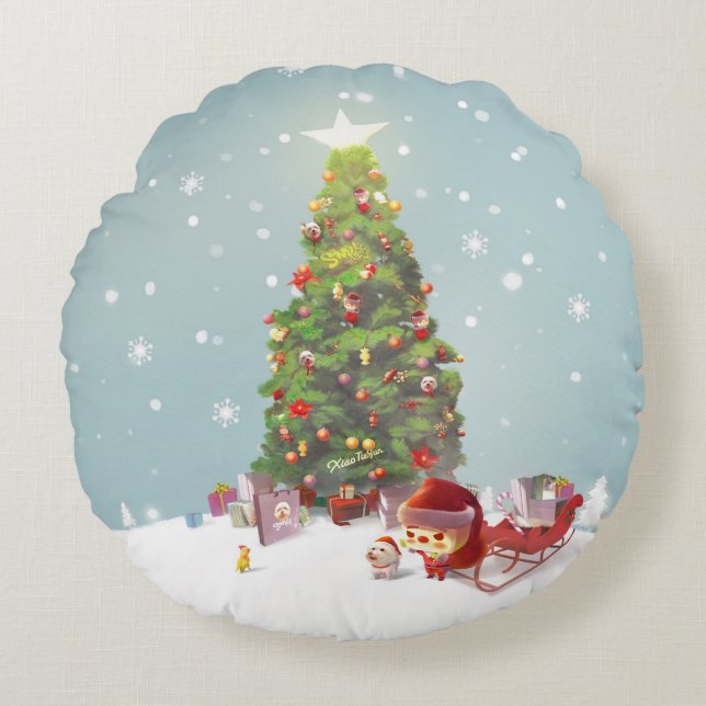 Weihnachtsmann mit Weihnachtsbaum Rundes Kissen (Vorderseite)