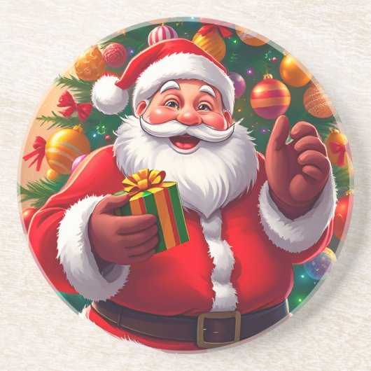 Weihnachtsmann mit Weihnachtsbaum und Geschenken Getränkeuntersetzer (Vorne)