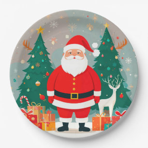 Weihnachtsmann mit Weihnachtsbaum und Geschenken Pappteller