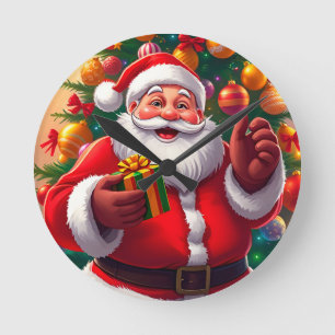 Weihnachtsmann mit Weihnachtsbaum und Geschenken Runde Wanduhr