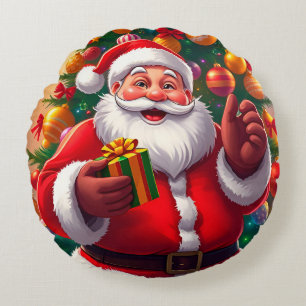 Weihnachtsmann mit Weihnachtsbaum und Geschenken Rundes Kissen