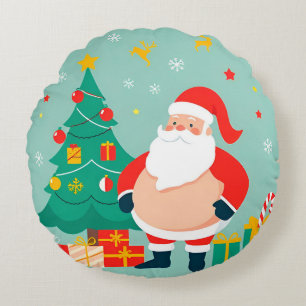 Weihnachtsmann mit Weihnachtsbaum und Geschenken Rundes Kissen