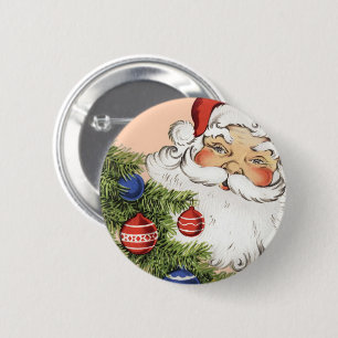 Weihnachtsmann mit Weihnachtsbaumschmuck im Vintag Button