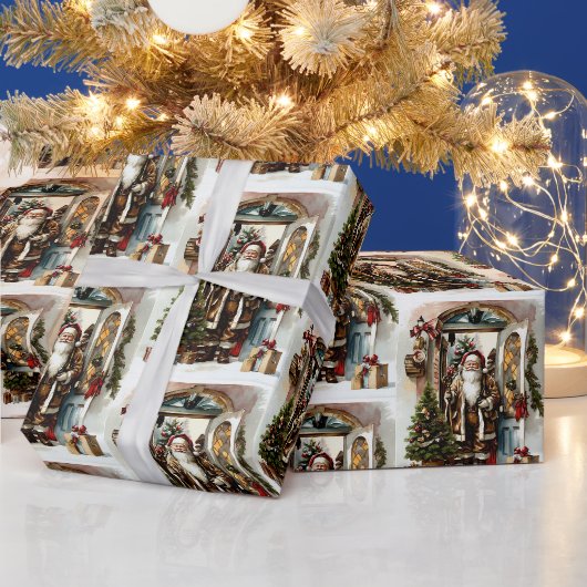 Weihnachtsmann mit Weihnachtsgeschenken an der Tür Geschenkpapier (Feiertage)
