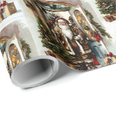 Weihnachtsmann mit Weihnachtsgeschenken an der Tür Geschenkpapier (Rolleneckpunkt)