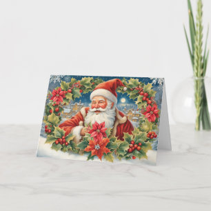 Weihnachtsmann mit Weihnachtsstern-Kranz im Vintag Feiertagskarte