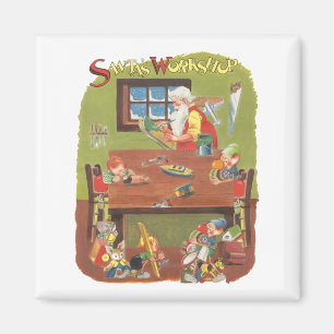 Weihnachtsmann mit Zwergen in der Werkstatt Magnet