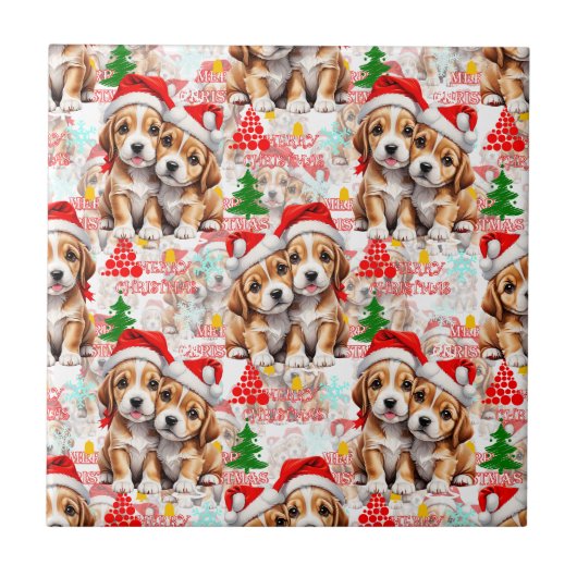 Weihnachtsmann-Mütze-Hund-Welpen-Design - Weiß Fliese (Vorderseite)