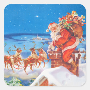 Weihnachtsmann oben auf dem Dach Quadratischer Aufkleber