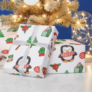 Weihnachtsmann, Pinguin und Dekorationen Geschenkpapier