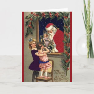 Weihnachtsmann-Puppe und Mädchen Vintage-Weihnacht Feiertagskarte