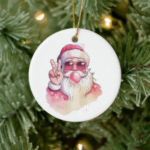 Weihnachtsmann pustet Kaugummi rosa Sonnenbrille  Keramik Ornament