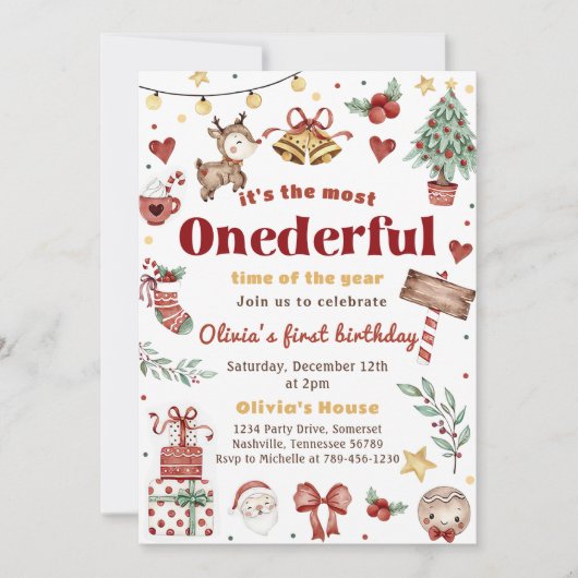 Weihnachtsmann Reindeer Onederful 1. Geburtstag Einladung (Vorderseite)
