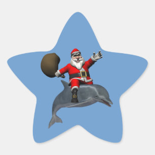 Weihnachtsmann reitet auf Delfin Stern-Aufkleber