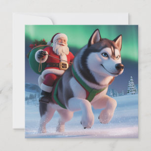 Weihnachtsmann reitet auf einem riesigen Husky dur Feiertagskarte