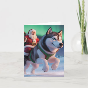Weihnachtsmann reitet auf einem riesigen Husky dur Feiertagskarte
