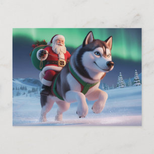 Weihnachtsmann reitet auf einem riesigen Husky dur Feiertagspostkarte