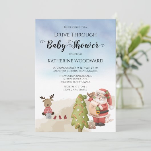 Weihnachtsmann | Rentier Drive Thru Kinderdusche Einladung (Stehend Vorderseite)