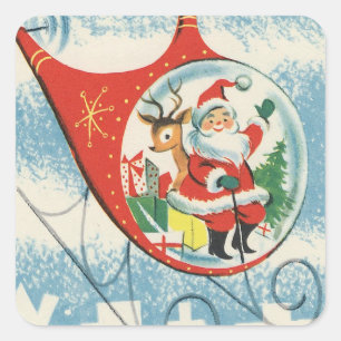 Weihnachtsmann-Rentier-Flughelikopter im Vintage-S Quadratischer Aufkleber