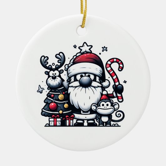 Weihnachtsmann, Rentier und ein Weihnachtsaffen Keramik Ornament (Vorne)